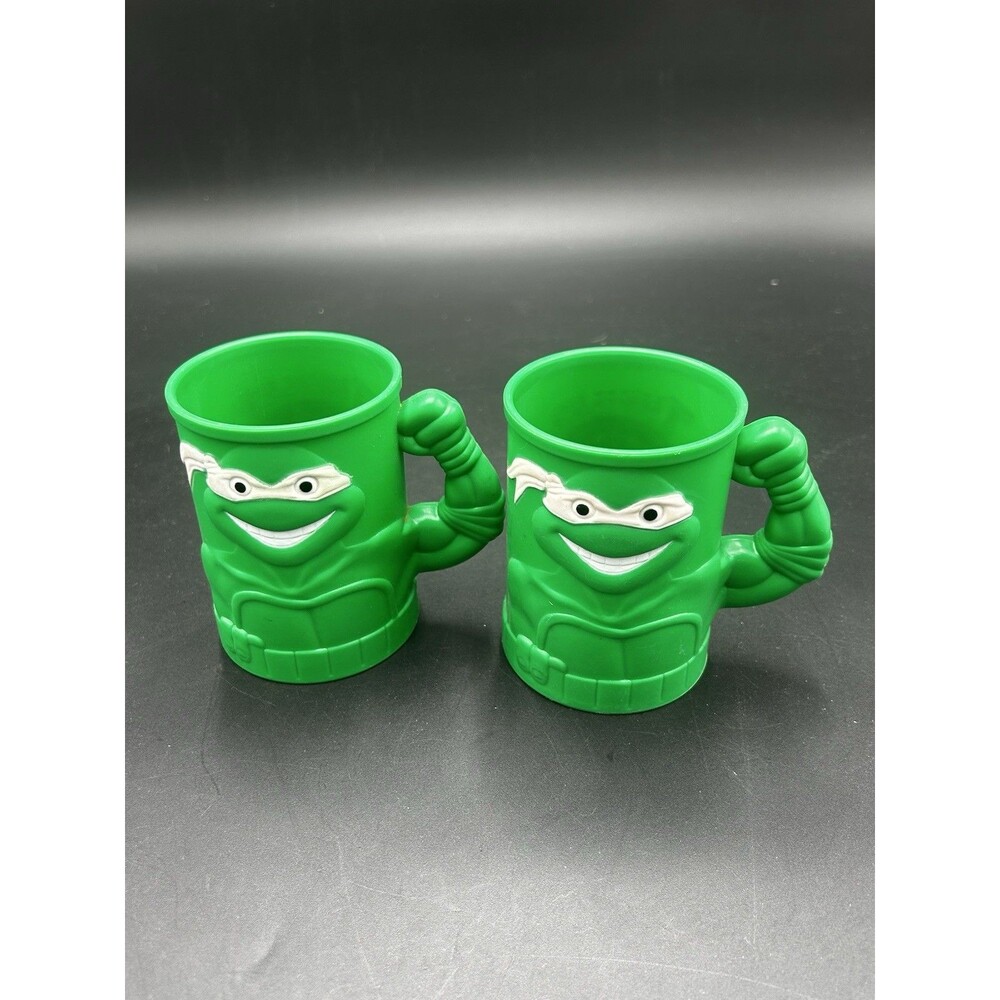 2 VTG 1991 Teenage Mutant Ninja Turtles TMNT Green Plastic Mug Cup Muscle Arm